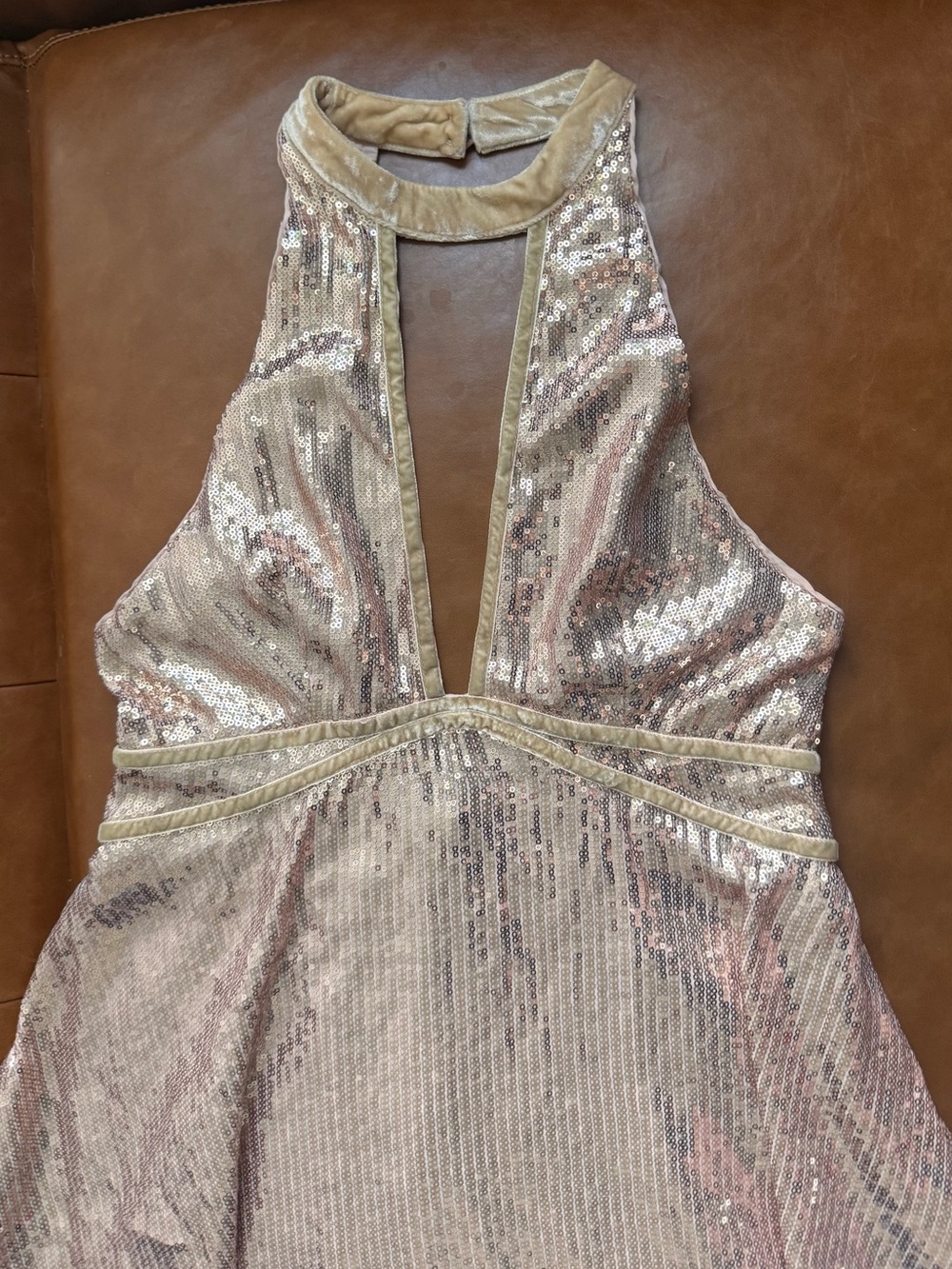 Free People Rose Gold Sequin Halter Mini Size 6 Open Back Party Cocktail Dress - Picture 2 of 10